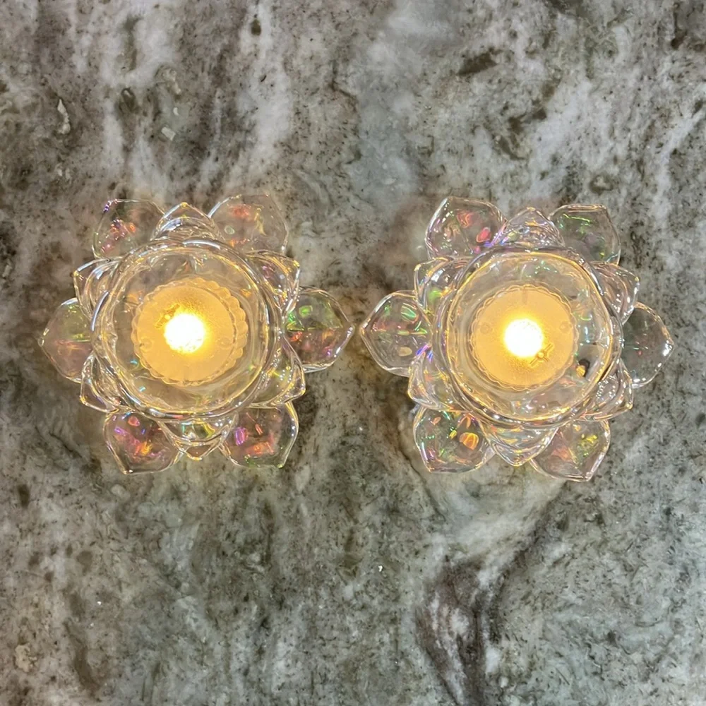Iridescent Lotus Candle Holders Glass Set Of 2